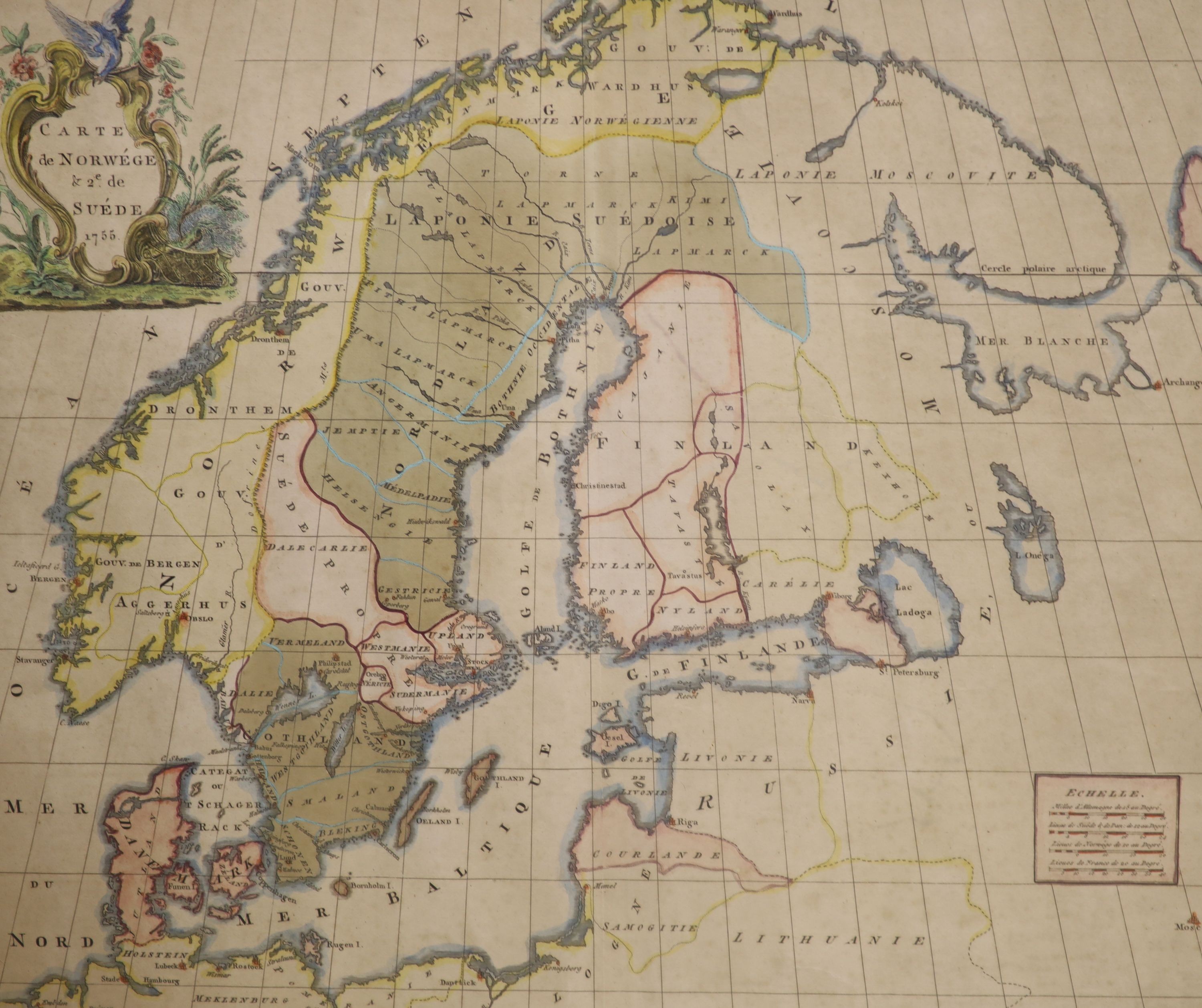 Three coloured engraved maps - ‘’Carte de Norwege & Suede’’, 1755, 50 x 57cm. ‘’The Kingdom of Denmarke’’, augmented by John Speede, 1626, 42 x 54cm. and ‘’A New map of Germany’’ augmented by John Speede, 1626, 41 x 52.5